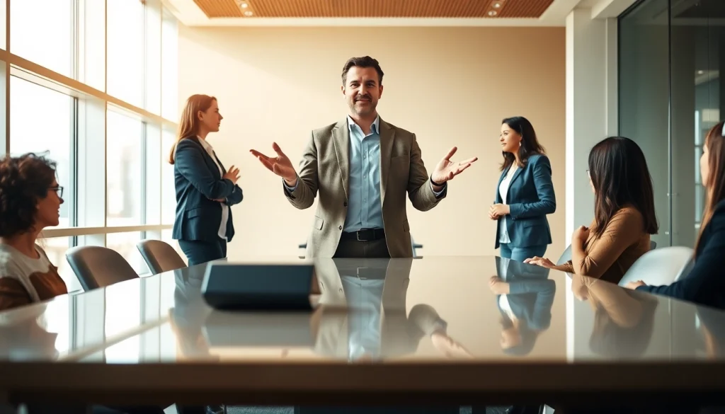 Engaging corporate coach facilitating teamwork in a bright modern office.