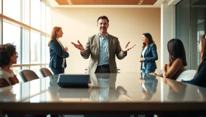 Engaging corporate coach facilitating teamwork in a bright modern office.