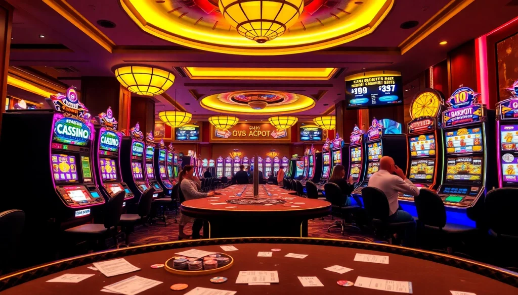 Excited players engaging with slot gacor machines in a luxurious casino.