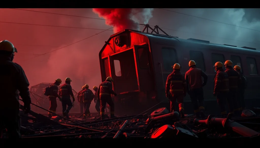 Rescuers working at the scene of a spain train crash, highlighting urgent response and rehabilitation efforts.