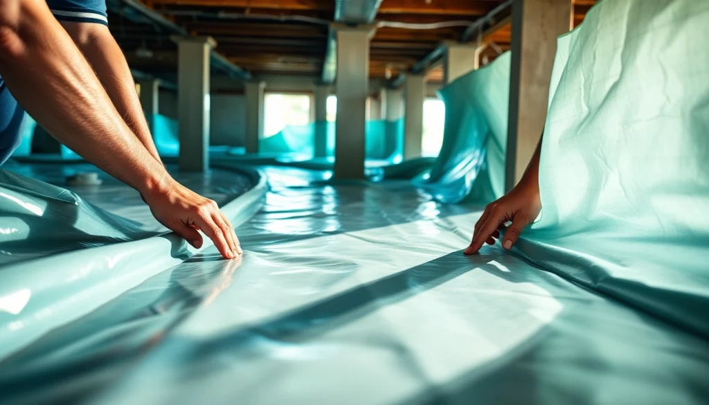 Action-focused vapor barrier installation showcasing meticulous method and clean environment.