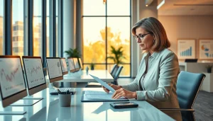 Profesjonalny księgowy w Biurze Rachunkowym przegląda dokumenty finansowe z wykorzystaniem zaawansowanych narzędzi.