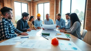 Construction member organization meeting with professionals discussing blueprints and plans.