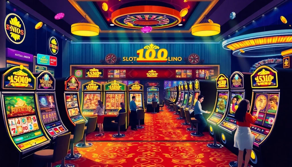 Players enjoying exciting slot online hari ini at a vibrant casino with illuminated machines.