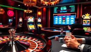 Vivez l'excitation du casino en ligne Français avec un environnement de jeu virtuel dynamique comprenant de la roulette, des jetons de poker et des machines à sous.