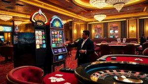 Play exciting PG slot games in a luxurious casino setting with vibrant machines and elegant decor.