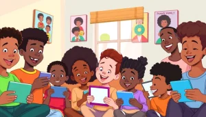 Diverse children enjoying African American cartoons on digital devices, showcasing joy and inclusivity.