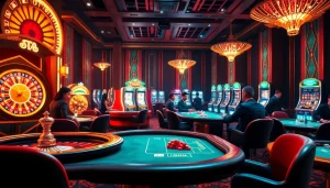 Découvrez l'excitation du casino en ligne Français avec des joueurs profitant de jeux de luxe dans un casino vibrant.