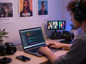 Transforming images to prompts in a modern AI workspace with colorful coding and tech gadgets.