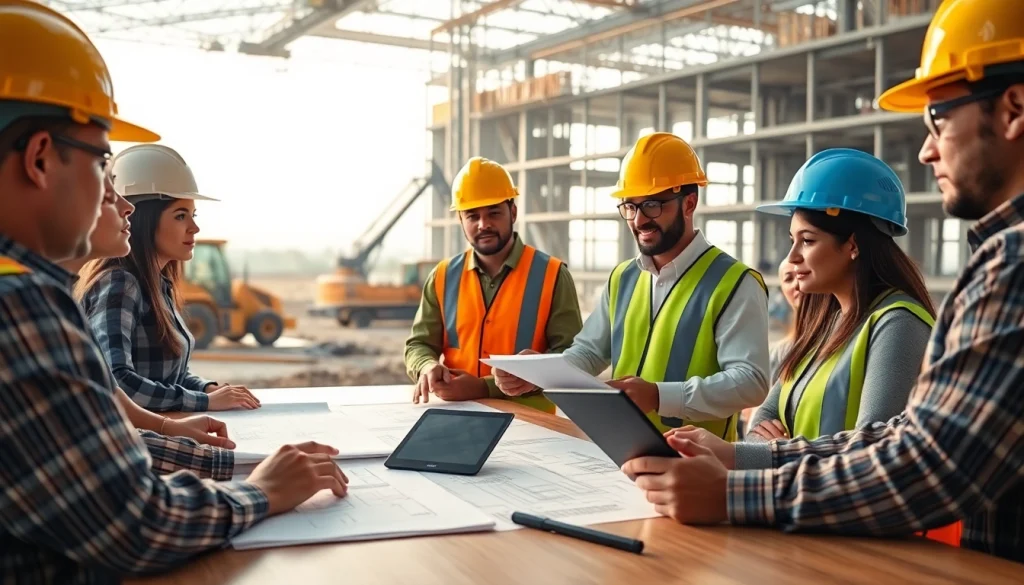 Engaged individuals participating in construction management training, collaborating over blueprints and plans.