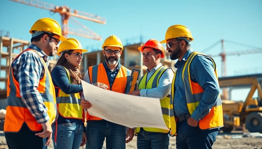 Construction member organization collaborating on-site with blueprints and machinery, showcasing teamwork.
