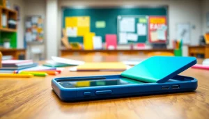 Entdecken Sie die stilvolle Handytasche Lehrer auf einem Schreibtisch mit Schulmaterialien.