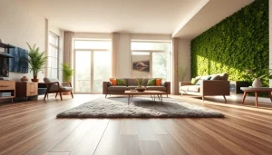 Luxuriously designed living room showcasing lvp flooring with warm natural light and modern decor.