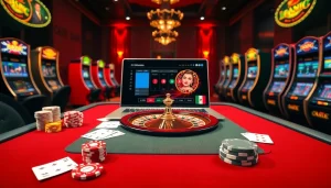 Scène captivante de joueurs professionnels à une table de casino en ligne Français, remplie de jetons et de cartes.