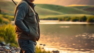 Stylish fly fishing apparel on a fisherman near a scenic river, illustrating quality and adventure.