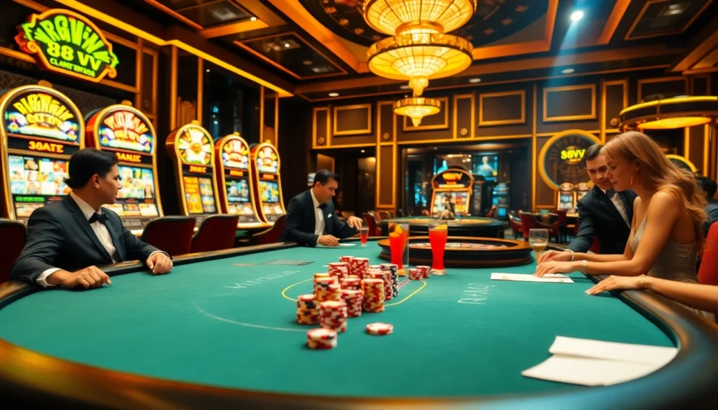 An exciting poker game at 88VV with colorful chips and lively players in a luxurious casino.