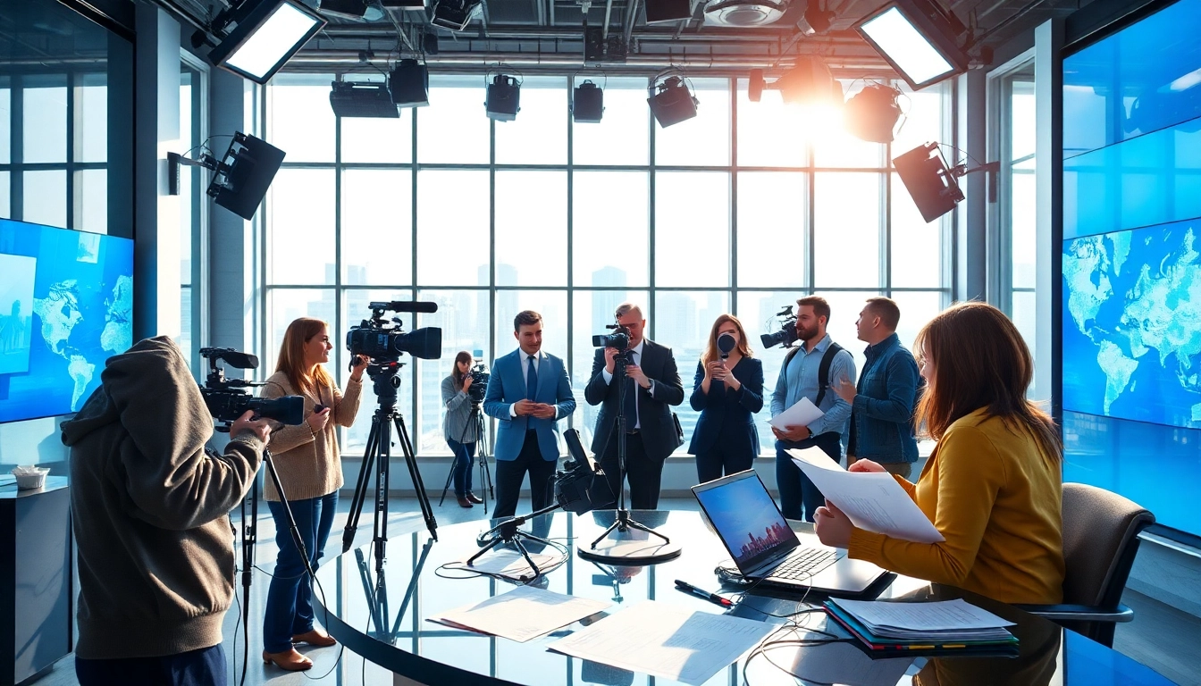 Engaging journalists reporting news in a bright and lively newsroom.