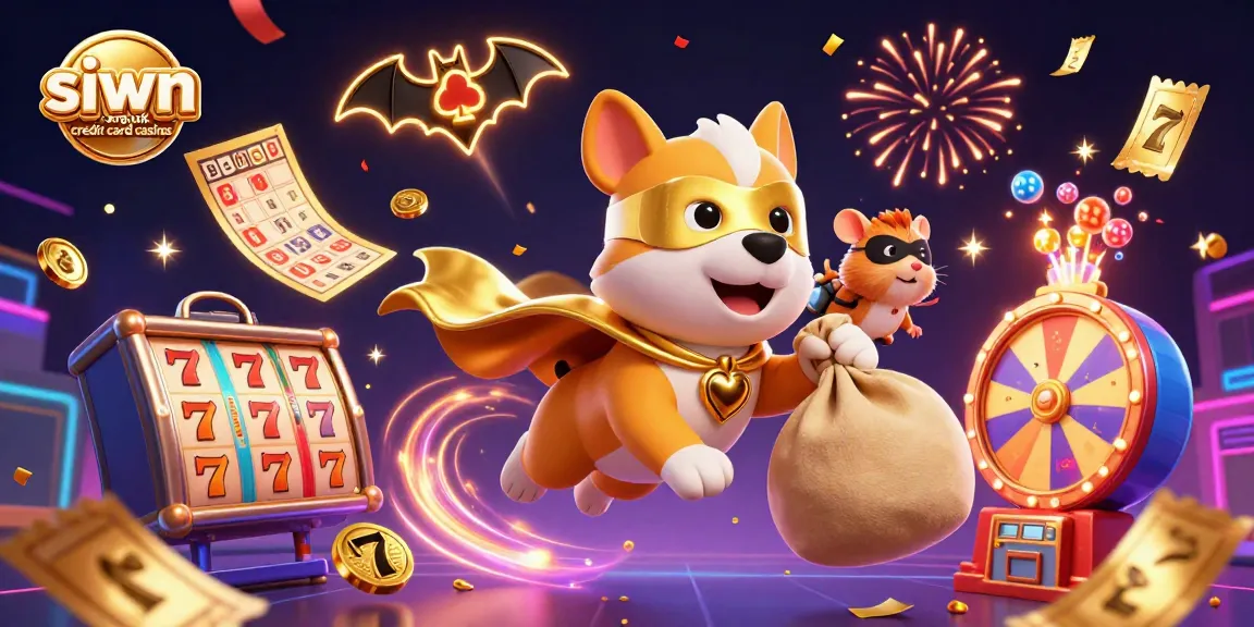 Engage in the excitement of siwn.org.uk credit card casinos with a fun 3D scene depicting a superhero dog and hamster in a dynamic casino setting.