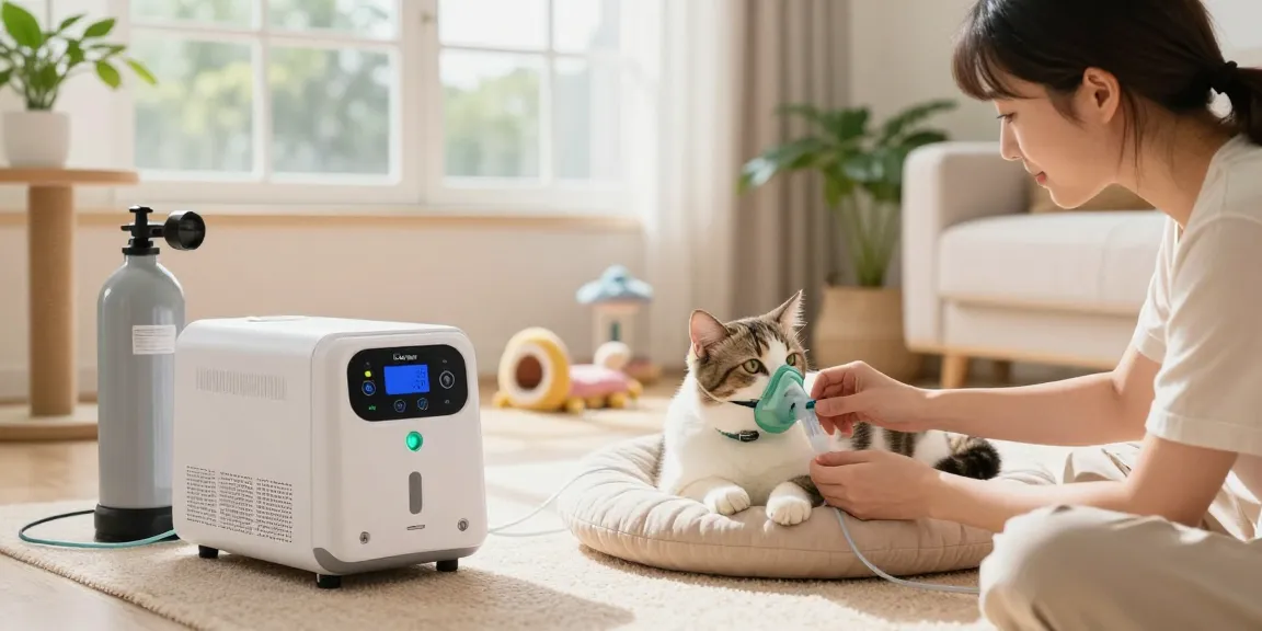 貓咪氧氣機 in comfortable home setting, cat comfortably using oxygen mask on cushion.